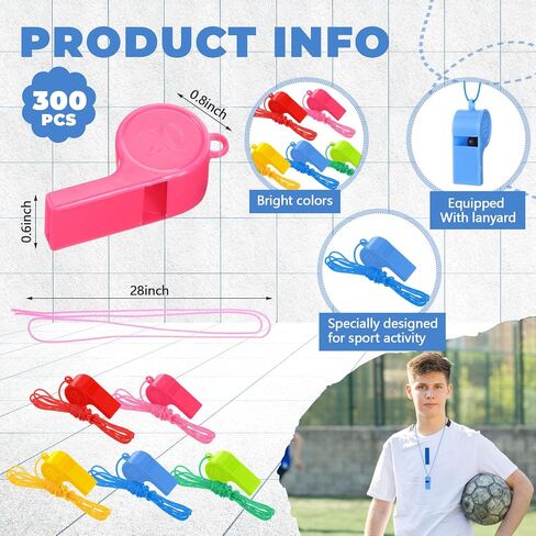 300 Pcs Plastic Whistles Bulk with Lanyard Loud Crisp Sound Sports Whistle for Christmas Birthday Party Goody Bag Fillers Referees Coaches Survival Emergency Camping, 5 Brilliant Colors in Saudi Arabia