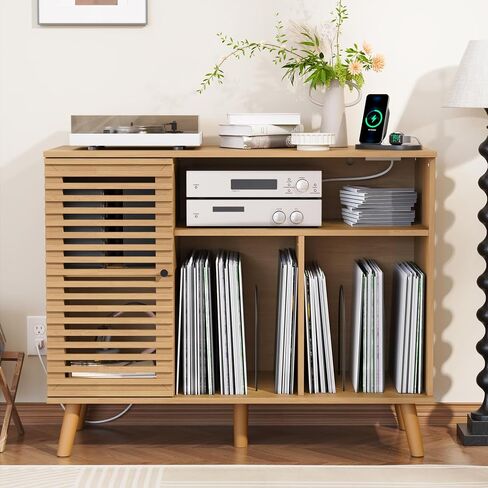 Record Player Stand with Charging Station, Mid-Century Turntable Stand with Slatted Doors, 40" W Record Player Table Holds Up to 350 Albums Vinyl Storage Display Shelf for Living Room, Oak in Saudi Arabia