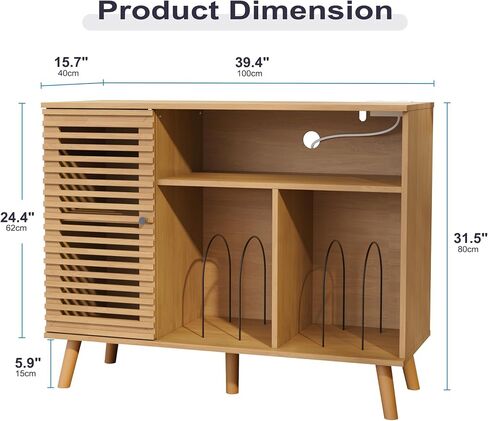 Record Player Stand with Charging Station, Mid-Century Turntable Stand with Slatted Doors, 40" W Record Player Table Holds Up to 350 Albums Vinyl Storage Display Shelf for Living Room, Oak in Saudi Arabia