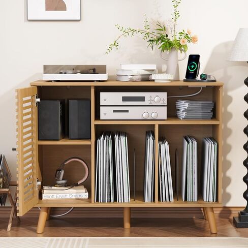 Record Player Stand with Charging Station, Mid-Century Turntable Stand with Slatted Doors, 40" W Record Player Table Holds Up to 350 Albums Vinyl Storage Display Shelf for Living Room, Oak in Saudi Arabia