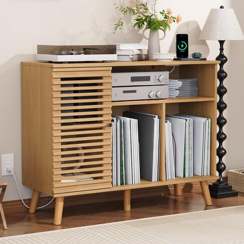 Record Player Stand with Charging Station, Mid-Century Turntable Stand with Slatted Doors, 40" W Record Player Table Holds Up to 350 Albums Vinyl Storage Display Shelf for Living Room, Oak in Saudi Arabia