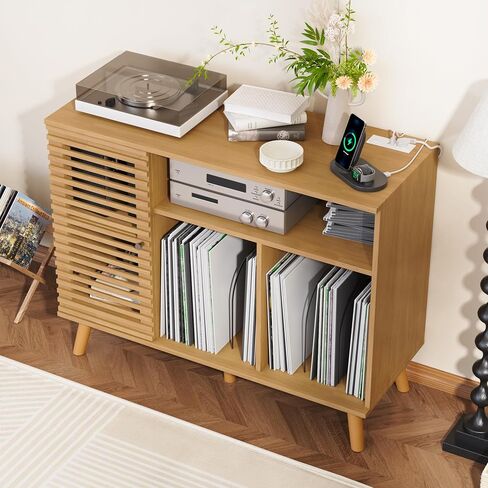 Record Player Stand with Charging Station, Mid-Century Turntable Stand with Slatted Doors, 40" W Record Player Table Holds Up to 350 Albums Vinyl Storage Display Shelf for Living Room, Oak in Saudi Arabia