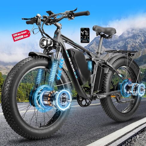 6000W Peak Electric Bike for Adults,58V Max-Output 1856Wh Dual Motor Ebike,47MPH 105Miles Range,24" x4.0 Fat Tire Hydraulic Disc Brake Full Suspension E-Bike for Off-Road Mountain Snow Commuter in Saudi Arabia