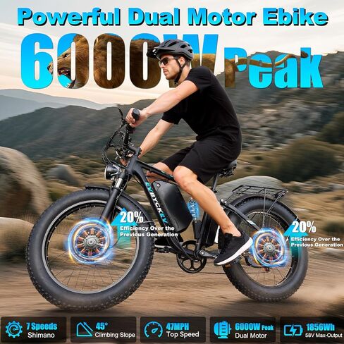 6000W Peak Electric Bike for Adults,58V Max-Output 1856Wh Dual Motor Ebike,47MPH 105Miles Range,24" x4.0 Fat Tire Hydraulic Disc Brake Full Suspension E-Bike for Off-Road Mountain Snow Commuter in Saudi Arabia