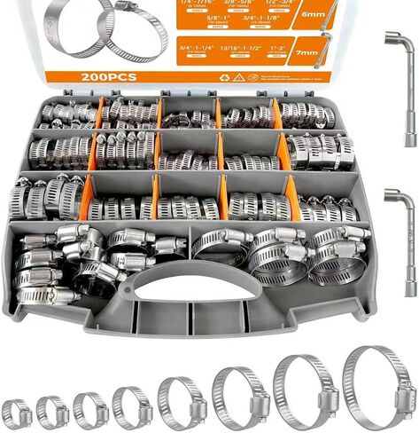 خرطوم مشبك الفولاذ المقاوم للصدأ 200pcs خرطوم المشبك مجموعة التشويش قابلة للتعديل 1/4 "~ 2" (6 ~ 51mm) مشبك خرطوم العتاد الدودة ، مشابك خرطوم صغيرة الشقوق للسيارات ، خط الوقود ، الأنابيب ، الرادياتير in Saudi Arabia