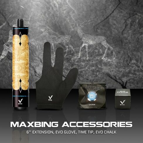 EVO Warrior Combo Maxbing Edition - Carbon Fiber Pool Cue Stick, 3/8 * 8 Pin Joint and 12.5mm Tip, Accessories 6" Extension, TIME Tip, Evo Chalk, Evo Glove in Saudi Arabia