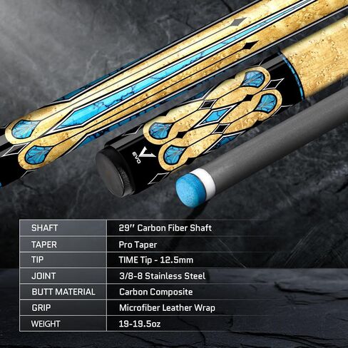 EVO Warrior Combo Maxbing Edition - Carbon Fiber Pool Cue Stick, 3/8 * 8 Pin Joint and 12.5mm Tip, Accessories 6" Extension, TIME Tip, Evo Chalk, Evo Glove in Saudi Arabia