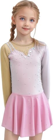 Figure Skating Dress Long Sleeve with Rhinestone Inlay Suitable for Adult and Girl Competitions and Performance in Kuwait