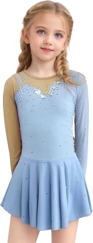 Figure Skating Dress Long Sleeve with Rhinestone Inlay Suitable for Adult and Girl Competitions and Performance in Kuwait