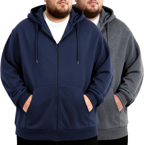 2 Pcs Men's Big and Tall Lightweight Fleece Full-zip Hoodie Jacket Loose Fit Sweatshirt Jacket with Pocket in Saudi Arabia