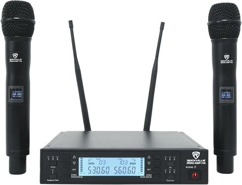 نظام ميكروفون لاسلكي Rockville RWM-DSP-L2 مزدوج UHF، تحكم DSP، EQ، Echo، مرشح ردود الفعل، مسح القناة، يتضمن ميكروفونات طية صدر السترة وسماعات الرأس، كابلات الجيتار، مثالي للعروض التقديمية والعروض in Saudi Arabia