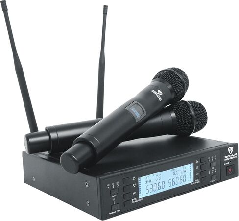 نظام ميكروفون لاسلكي Rockville RWM-DSP-L2 مزدوج UHF، تحكم DSP، EQ، Echo، مرشح ردود الفعل، مسح القناة، يتضمن ميكروفونات طية صدر السترة وسماعات الرأس، كابلات الجيتار، مثالي للعروض التقديمية والعروض in Saudi Arabia