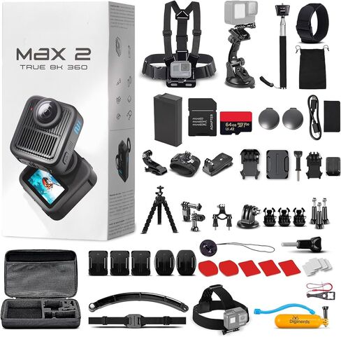 كاميرا الحركة GoPro MAX 2 8K 360 (MAX2) - عدسات قابلة للتبديل | تثبيت HyperSmooth | مقاوم للماء 5 م | وضع POV للسفر وتدوين الفيديو مع مجموعة ملحقات مكونة من 50 قطعة + بطاقة سعة 64 جيجابايت + المزيد in Saudi Arabia