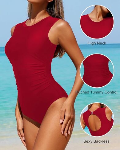 Smismivo High Neck Modest Swimsuits for Women Tummy Control One Piece Bathing Suit Ruched Full Coverage Slimming Swimwear in Saudi Arabia