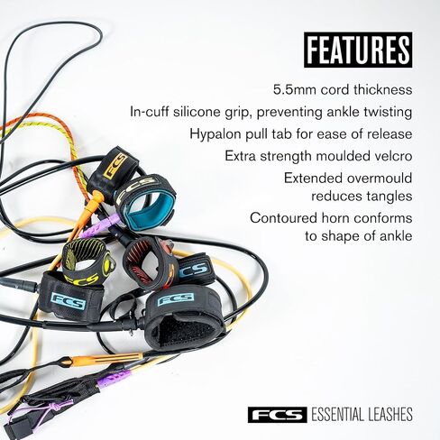 FCS 6' All Round Essential Surfboard Leash - Eclipse | Lightweight & Durable 6ft Surf Leash for 2-8ft Waves, in-Cuff Silicone Grip, Comfortable and Supportive Ankle Strap, Easy-Release Tab in Saudi Arabia