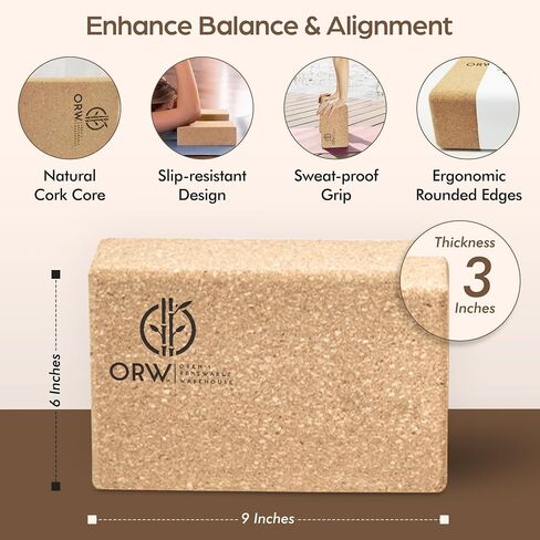 ORW Natural Cork Yoga Block – 9"x6"x3", 1.5 lbs – Heavyweight, Non-Slip, Eco-Friendly – Dense Yoga Prop for All Levels in Saudi Arabia