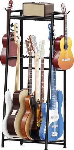 Guitar Stand, Guitar Rack Holder for Acoustic Guitar, Electric Guitar, Bass Display Stand, Multiple Guitar Rack Holder for 5-7 Guitars, Guitar Amp Accessories, for Home Music Studio, Rustic Brown in Saudi Arabia