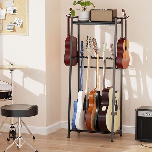 Guitar Stand, Guitar Rack Holder for Acoustic Guitar, Electric Guitar, Bass Display Stand, Multiple Guitar Rack Holder for 5-7 Guitars, Guitar Amp Accessories, for Home Music Studio, Rustic Brown in Saudi Arabia