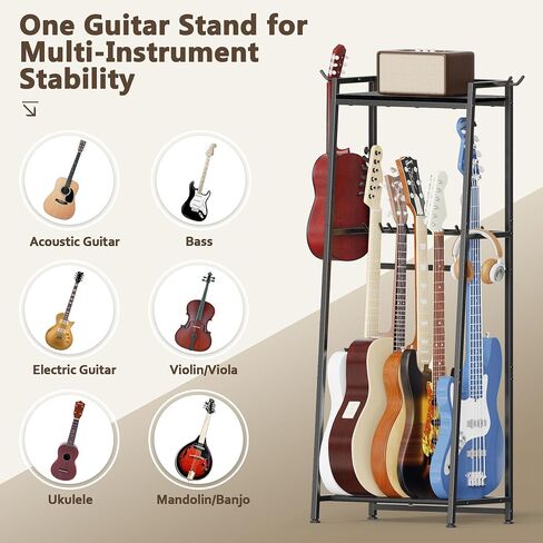 Guitar Stand, Guitar Rack Holder for Acoustic Guitar, Electric Guitar, Bass Display Stand, Multiple Guitar Rack Holder for 5-7 Guitars, Guitar Amp Accessories, for Home Music Studio, Rustic Brown in Saudi Arabia