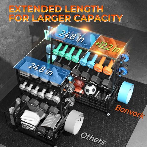 حامل وزن حامل الدمبل XL - حامل وزن قابل للتعديل للدمبل، رف تخزين صالة الألعاب الرياضية المنزلية لجرس كيتل بيل، الكرات، حامل تخزين بساط اليوجا، منظم تخزين معدات التمرين بعجلات in Kuwait