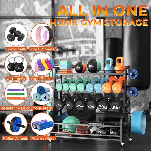 حامل وزن حامل الدمبل XL - حامل وزن قابل للتعديل للدمبل، رف تخزين صالة الألعاب الرياضية المنزلية لجرس كيتل بيل، الكرات، حامل تخزين بساط اليوجا، منظم تخزين معدات التمرين بعجلات in Kuwait
