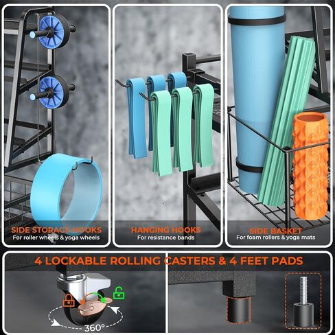 حامل وزن حامل الدمبل XL - حامل وزن قابل للتعديل للدمبل، رف تخزين صالة الألعاب الرياضية المنزلية لجرس كيتل بيل، الكرات، حامل تخزين بساط اليوجا، منظم تخزين معدات التمرين بعجلات in Kuwait