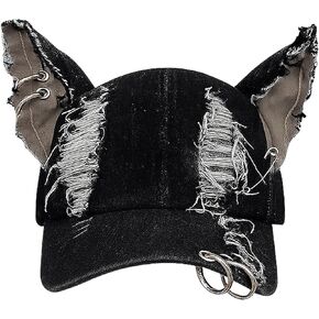 2 PCS Y2K Grunge Hat مع Cat Bunny Ears Caped Denim Baseball Cap مع سلاسل خاتم معدنية Punk Kpop ملابس لطيفة للنساء Hiphop Dance Party Music Festival Excedities in Kuwait