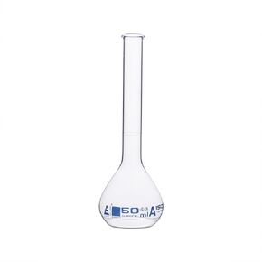 EISCO Volumetric Flask, 50ml - Class A Tolerance ±0.06 - No Stopper, Beaded Rim - Blue Graduations - Borosilicate Glass in Saudi Arabia