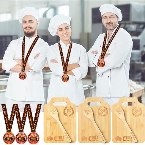 3 مجموعات من ميداليات Chili Cook Off، وجوائز الجوائز، وميداليات المركز الأول والثاني والثالث، ومجموعة لوح التقطيع الخشبي مع الفائز بالملعقة مع شريط الرقبة، جوائز Chili Cook Off Awards لمسابقة مسابقة الطعام in Kuwait