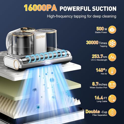 منظف ​​فراغ المراتب ، نظافة فراغ السرير 16 كيلو باسكال مع ضوء 253.7nm UV-C ، بالموجات فوق الصوتية و 140 ℉ التدفئة ، الكوب المزدوج وتوسيع مكنسة الشفط باليد للسرير ، الأريكة ، الأريكة ، السرير (500 واط) in Kuwait