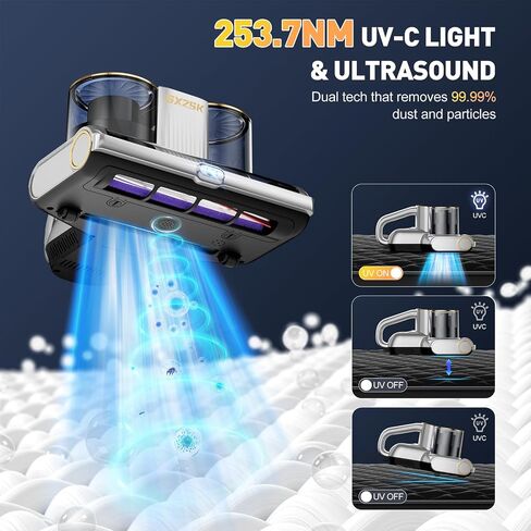 منظف ​​فراغ المراتب ، نظافة فراغ السرير 16 كيلو باسكال مع ضوء 253.7nm UV-C ، بالموجات فوق الصوتية و 140 ℉ التدفئة ، الكوب المزدوج وتوسيع مكنسة الشفط باليد للسرير ، الأريكة ، الأريكة ، السرير (500 واط) in Kuwait