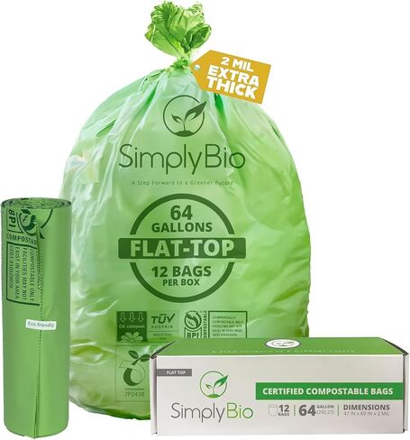 50-55 Gallon Compostable Trash Bags with Flat-Top, Heavy Duty Extra Thick 1.57 Mil, 208.2 Liter, 12 Bags, Large Lawn and Yard Waste Bag, ASTM D6400, US BPI and OK Compost Home Certified in Saudi Arabia
