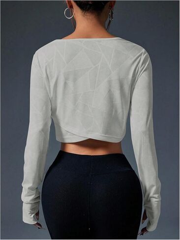 OYOANGLE Women's Long Sleeve Geo Workout Top Cross Wrap Hem Athletic Shirts Running Gym Yoga Crop Tops in Saudi Arabia