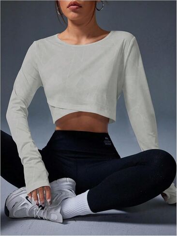 OYOANGLE Women's Long Sleeve Geo Workout Top Cross Wrap Hem Athletic Shirts Running Gym Yoga Crop Tops in Saudi Arabia