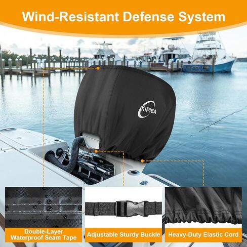 Kipiea Outboard Motor Cover 1300D Heavy Duty Waterproof, Anti UV, No Tears & No Fading, Boat Motor Cover Fit for Motor 90-115 Hp (96" Circumference x 24" Height) Black in Saudi Arabia