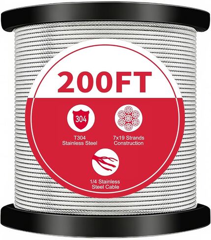 1/4" Stainless Steel Cable,7x19 Strand Aircraft Wire Rope,Cable for Zip Iine and Outdoor Pulley Cables,Breaking Strength 6400 Ibs 200FT in Saudi Arabia