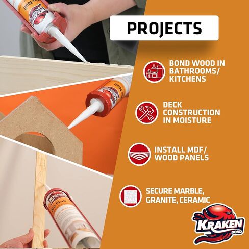 Kraken Bond No More Nails Heavy Duty Clear Adhesive - (1x10.1 Fl Oz) 100% Waterproof & Extra Strong Polyurethane Construction Sealant for Wood, Ceramic, Tile, Floor, Granite, Rubber - 1 Pack in Kuwait