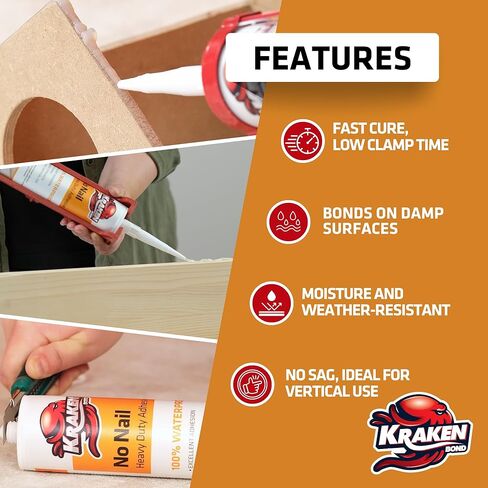 Kraken Bond No More Nails Heavy Duty Clear Adhesive - (1x10.1 Fl Oz) 100% Waterproof & Extra Strong Polyurethane Construction Sealant for Wood, Ceramic, Tile, Floor, Granite, Rubber - 1 Pack in Kuwait