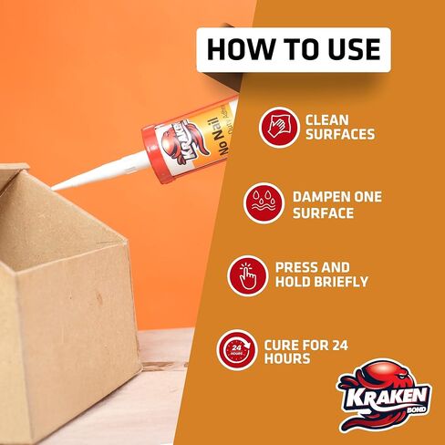 Kraken Bond No More Nails Heavy Duty Clear Adhesive - (1x10.1 Fl Oz) 100% Waterproof & Extra Strong Polyurethane Construction Sealant for Wood, Ceramic, Tile, Floor, Granite, Rubber - 1 Pack in Kuwait