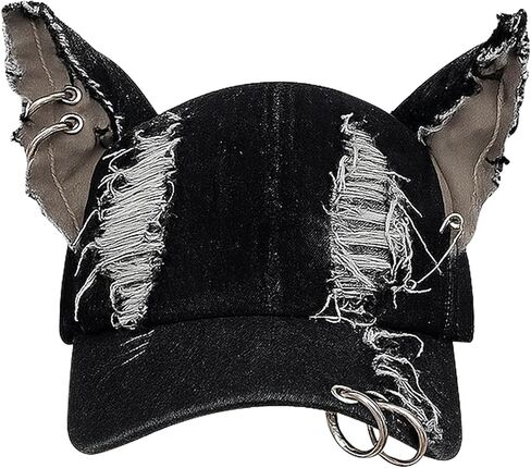 2 Pcs Y2K Grunge Hat with Cat Bunny Ears Distressed Denim Baseball Cap with Metal Ring Chains Punk Kpop Outfits Cute for Women Hiphop Dance Party Music Festival Clothes Accessories in Kuwait