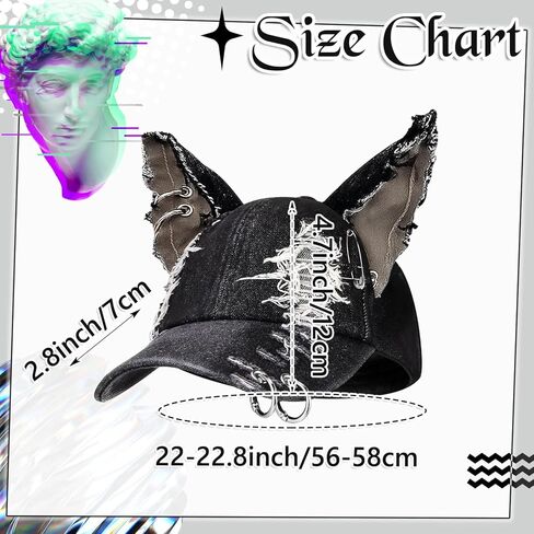 2 Pcs Y2K Grunge Hat with Cat Bunny Ears Distressed Denim Baseball Cap with Metal Ring Chains Punk Kpop Outfits Cute for Women Hiphop Dance Party Music Festival Clothes Accessories in Kuwait