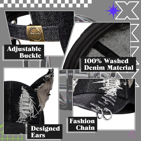 2 Pcs Y2K Grunge Hat with Cat Bunny Ears Distressed Denim Baseball Cap with Metal Ring Chains Punk Kpop Outfits Cute for Women Hiphop Dance Party Music Festival Clothes Accessories in Kuwait