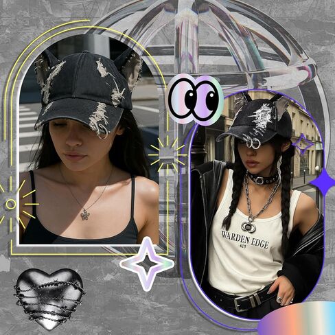 2 Pcs Y2K Grunge Hat with Cat Bunny Ears Distressed Denim Baseball Cap with Metal Ring Chains Punk Kpop Outfits Cute for Women Hiphop Dance Party Music Festival Clothes Accessories in Kuwait