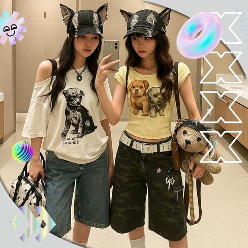 2 Pcs Y2K Grunge Hat with Cat Bunny Ears Distressed Denim Baseball Cap with Metal Ring Chains Punk Kpop Outfits Cute for Women Hiphop Dance Party Music Festival Clothes Accessories in Kuwait
