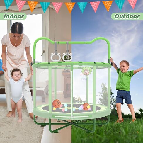 Gardenature 60 "أطفال الترامبولين في الأماكن المغلقة، 5ft طفل صغير الترامبولين مع طوق كرة السلة، شريط الجمباز، خواتم، ألعاب عيد الميلاد هدايا عيد ميلاد للفتيات الأولاد الذين تتراوح أعمارهم بين 3-8 in Kuwait