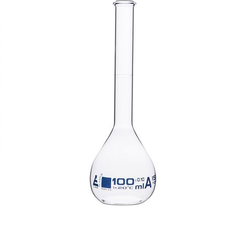EISCO Volumetric Flask, 50ml - Class A Tolerance ±0.06 - No Stopper, Beaded Rim - Blue Graduations - Borosilicate Glass in Kuwait