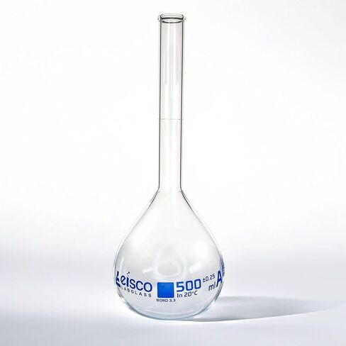 EISCO Volumetric Flask, 50ml - Class A Tolerance ±0.06 - No Stopper, Beaded Rim - Blue Graduations - Borosilicate Glass in Kuwait