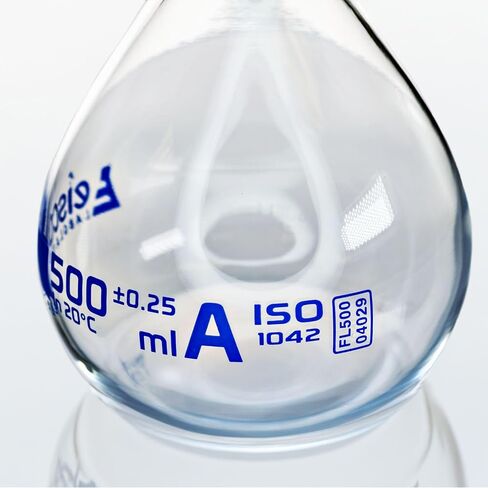 EISCO Volumetric Flask, 50ml - Class A Tolerance ±0.06 - No Stopper, Beaded Rim - Blue Graduations - Borosilicate Glass in Kuwait