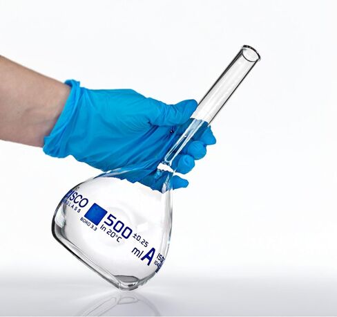 EISCO Volumetric Flask, 50ml - Class A Tolerance ±0.06 - No Stopper, Beaded Rim - Blue Graduations - Borosilicate Glass in Kuwait