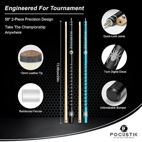 2-Pack Pool Cues (18-21oz), 58" 2-Piece Billiard Sticks Hand-Painted Ergonomic Grip Design, Canadian Maple Shafts & 13mm Tip +Chalk for Adluts Home Bar Pool Table - 2 in Kuwait